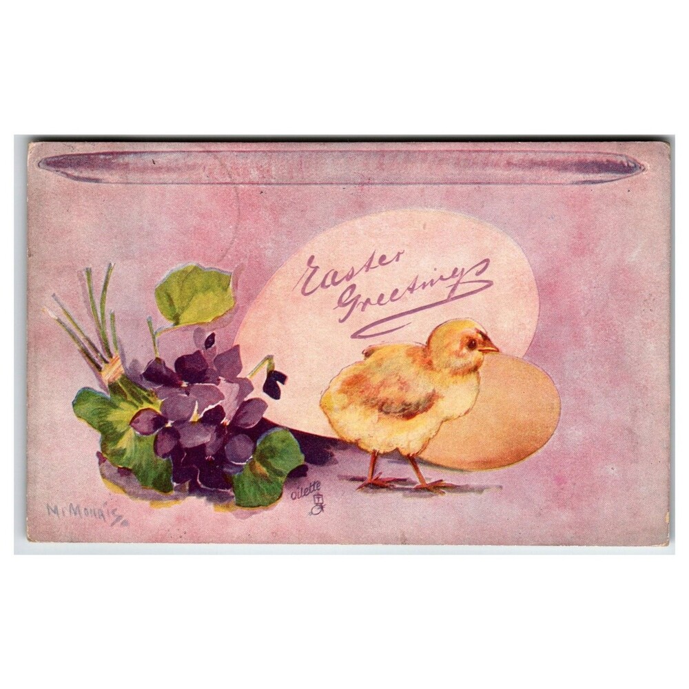 Tuck's Oilette Easter Greetings Chick Violets Postcard 1900s New Alexandria PA
